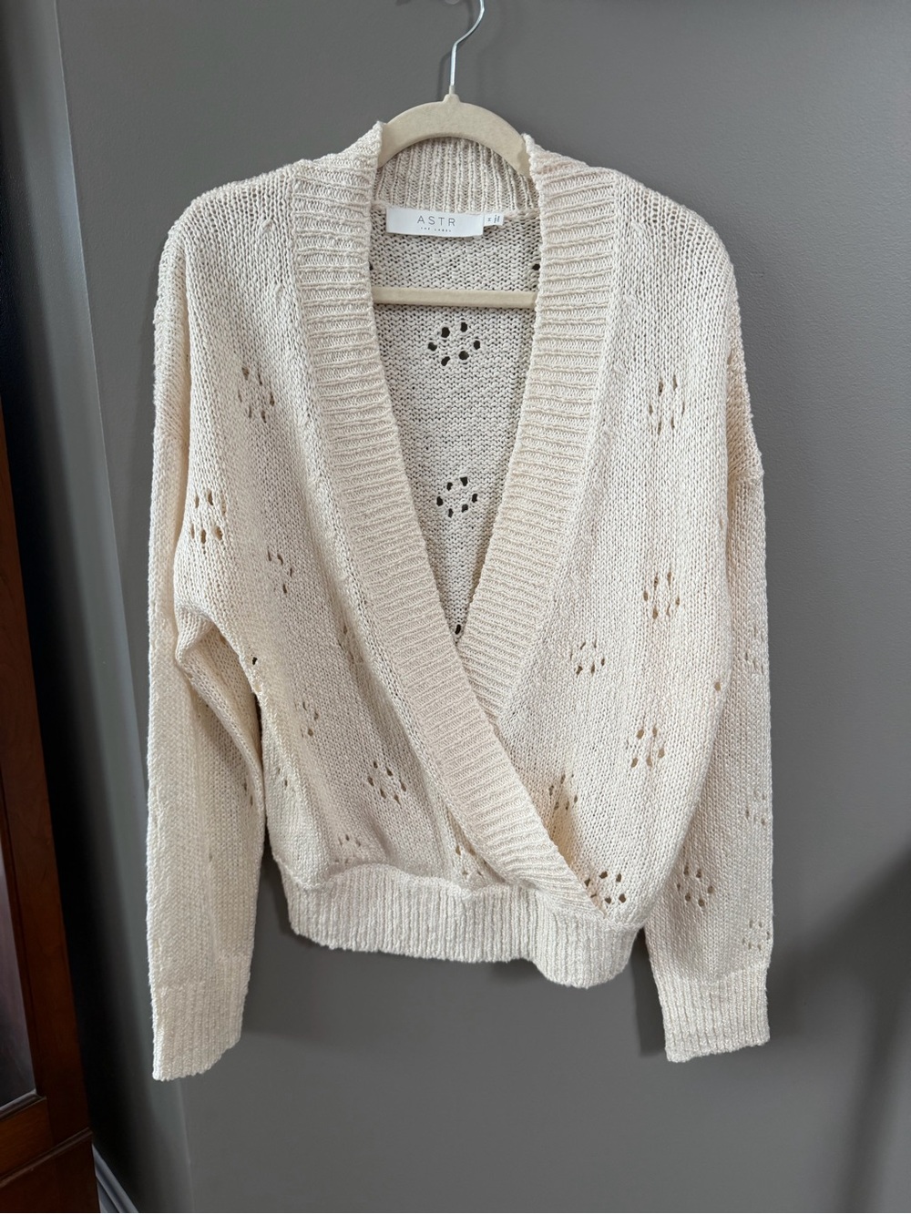 ASTR The Label Cream Openwork Faux Wrap Sweater. Medium